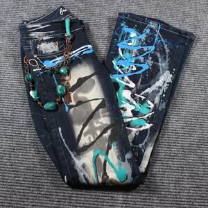 Vintage Crazy Age Y2K Flare Jeans 24 Painted Graffiti Baby Rose Rhinestone Punk